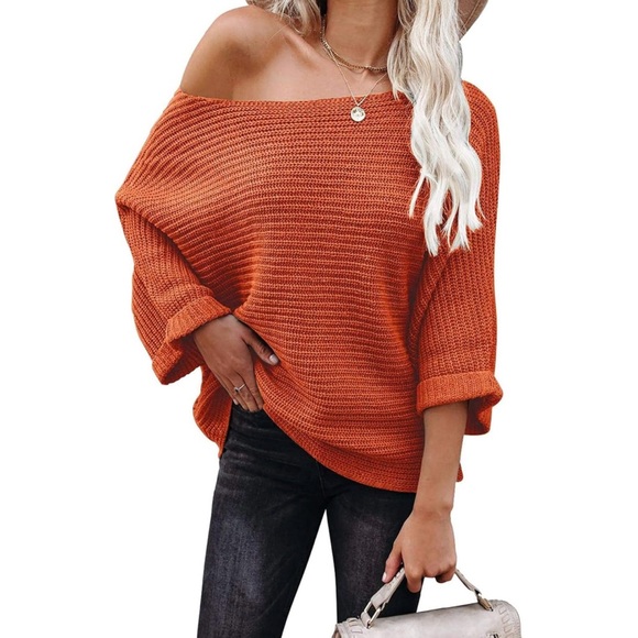 Sweaters - Kirundo Orange Oversized Sweater | Wide Neckline Off Shoulder | 3/4 Sleeve (L)